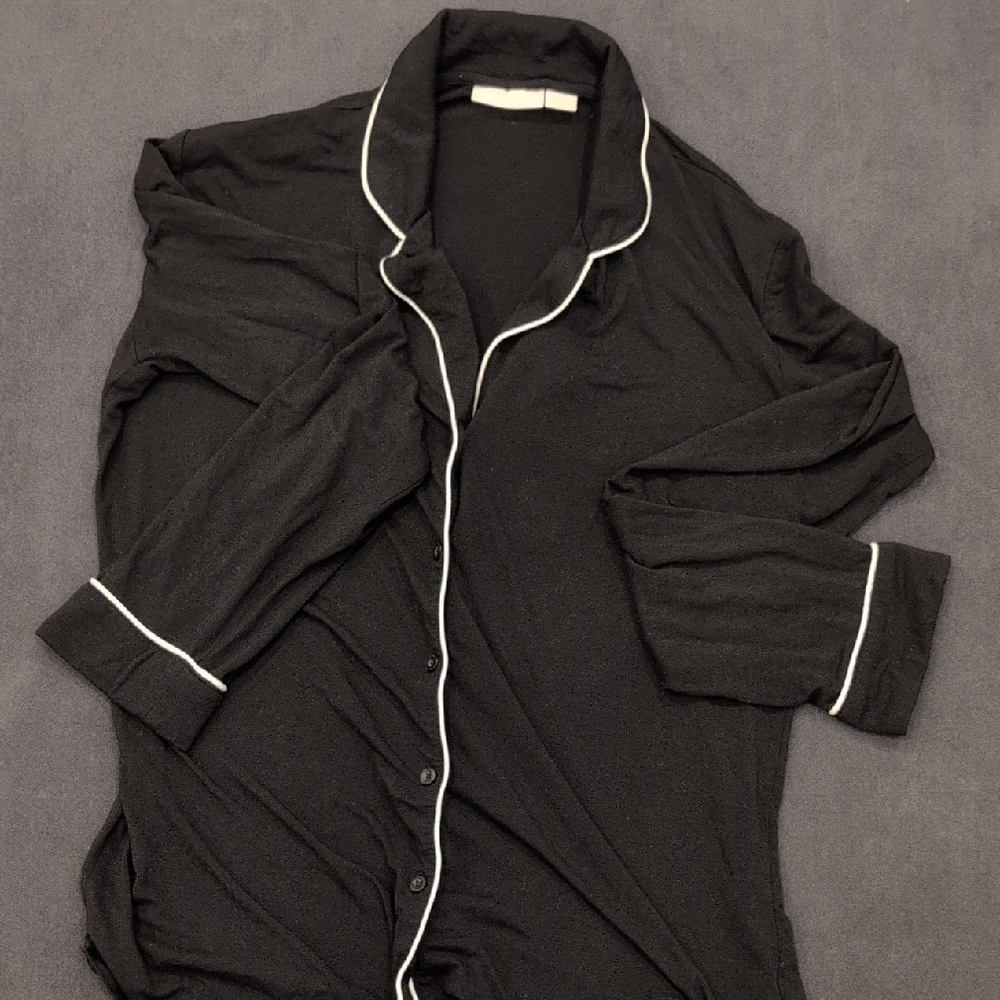 Black Button-Up Pajama Top with White Trim